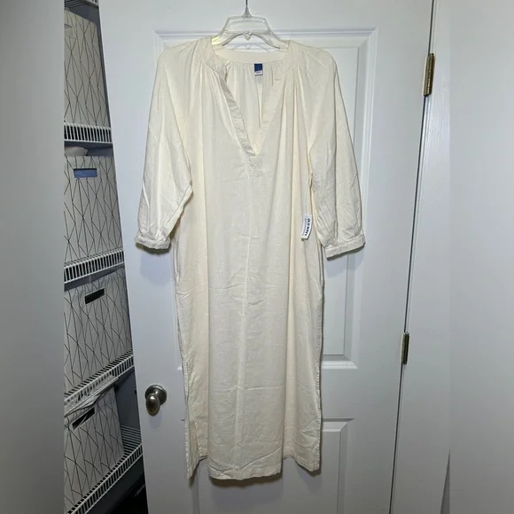 Split-Neck Linen-Blend Midi Dress - Picture 1 of 5